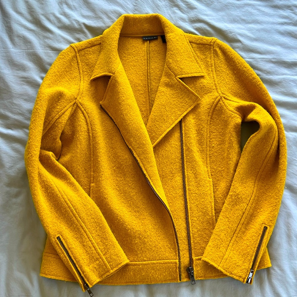 TAHARI Women's Sz M Mustard Yellow Wool Blend Full Zip Moto Jacket Blazer